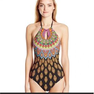 TRINA TURK  one 1 pc swim suit halter tank Sz Small Multicolored New